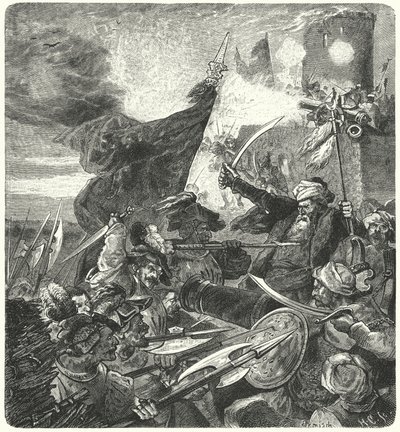 Húngaros luchando contra los turcos en Szekesfehervar, 1593 de German School